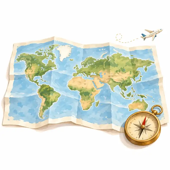 An illustrated world map and compass
